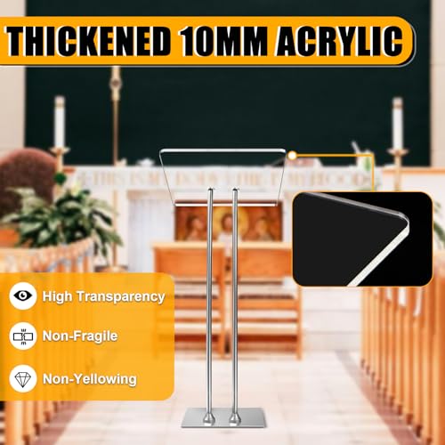 Acrylic Podium Lectern with Iron Stable Bottom, Pulpits for Churches with 10MM Thickened Acrylic Countertop, Multi Function Pulpit for Modern Classroom Music Concert Wedding Conference Event - color: silvery