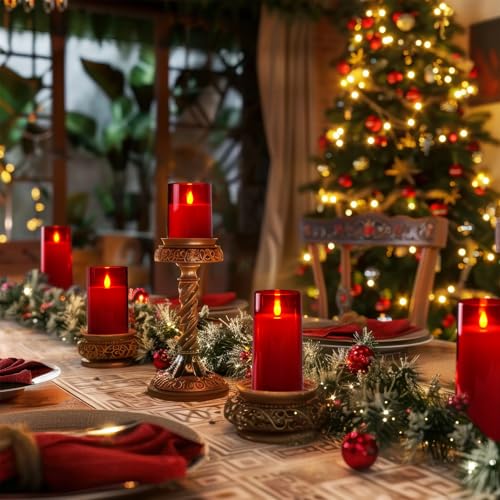 Homemory Christmas Red Flickering Flameless Candles, Battery Operated Acrylic LED Pillar Candles with Remote Control and Timer, Set of 5 - color: Red