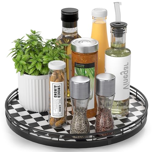 Black and White Kitchen Lazy Susan Turntable – Round Checkered Decorative Tray, 12” Table Top Oak Wood Lazy Susan for Cookies, Dining Table Organizer, Small Kitchen Table Centerpiece - color: Black & White, size: 12 inches