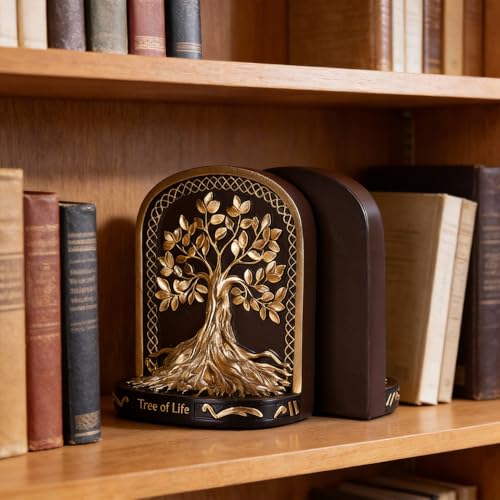 Tree of Life Bookends Set, 2 Heavyweight Bookends, Black and Gold Finish, Perfect for Bookshelves and Bookcases, Ideal for Office, Library, or Living Room Coffee Table Decor. - color: A-bg