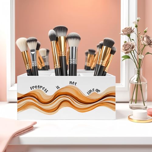 Inspirational Mental Health Pencil Pen Holder for Desk, Progress Is Not Linear Wooden Pencil Holder Organizer for Therapy Office Desk Accessories, School Counselor Office Must Haves - color: Color-Desk accessories white 09