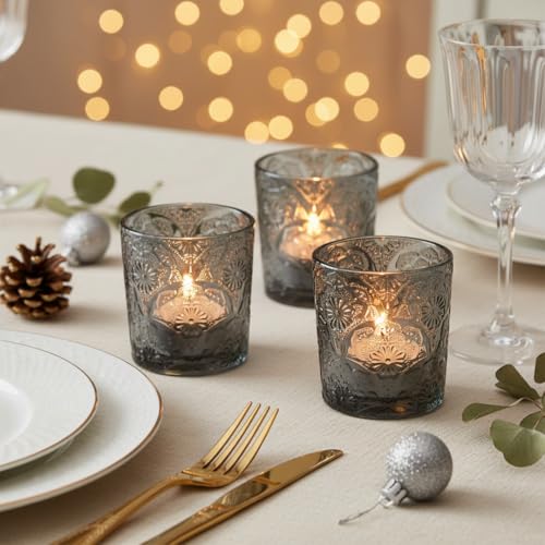 12 Pack Mandala Embossed Glass Candle Holders – Votive Tealight Holders with Patent Design, Decorative Embossed Glass Cups for Wedding Centerpieces, Parties, and Home Décor (Smoky Quartz) - color: Smoky Quartz