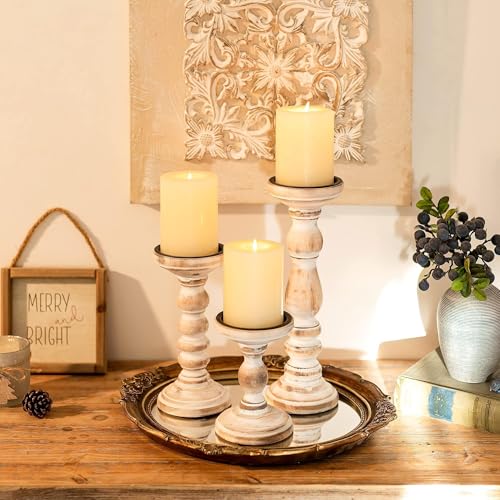 Wooden Pillar Candle Holder: Rustic White Candle Stand Wood Distressed Candleholders Farmhouse Fall Decor for Christmas Fireplace Mantle Dining Table Living Room Shelf Set of 3 - color: Rustic White, size: 5.9", 8.26", 11.81"