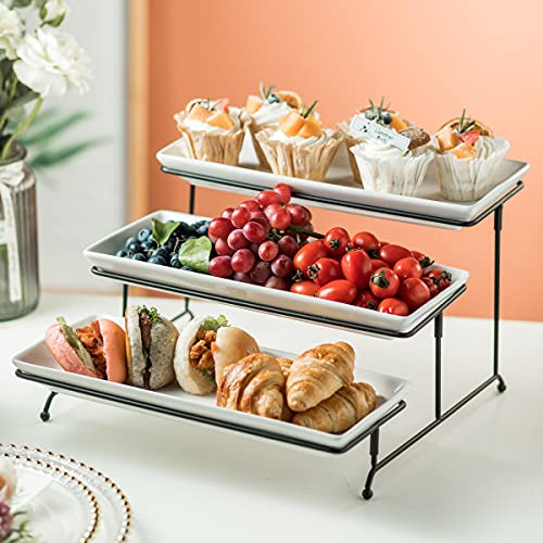 Gomakren 3 Tier Serving Trays Stand 14 Inches Serving Platters Rectangular Large Serving Plates for Party Display Set Collapsible Sturdier Rack, White Serving Trays and Platters - color: Black, size: 15.7" x 13.5" x 9.2"
