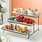 Gomakren 3 Tier Serving Trays Stand 14 Inches Serving Platters Rectangular Large Serving Plates for Party Display Set Collapsible Sturdier Rack, White Serving Trays and Platters - color: Black, size: 15.7" x 13.5" x 9.2"