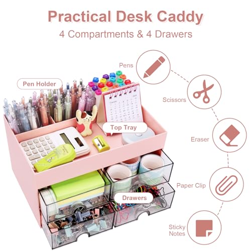Meiikun Desk Organizer, Office Organizer with Drawer, Desk Accessories & Workspace Organizers, Pen Holder Office Supplies for Desk (4 Drawers+4 Compartments, Pink) - color: 4 Compartments + 4 Drawer (Pink)