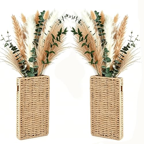 2 Pack Wall Woven Vases with Pampas Grass – Boho Decor for Living Room, Modern Farmhouse Entryway or Bathroom, Rustic Art for Home Decoration - style: Wall Decor-Woven