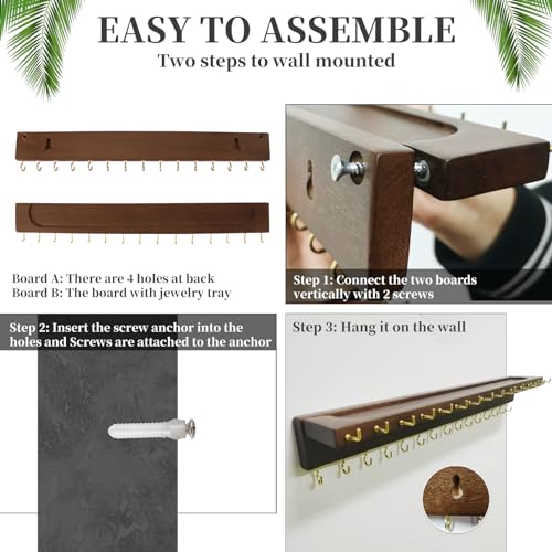 YYILIS Necklace Holder, Upgraded Extra Large Wall Necklace Organizer with 30 Hooks Wall Mounted Necklace Hanger with Jewelry Tray/Cosmetics Shelf Rustic Pine Wood Holder (Walnut) - color: Walnut