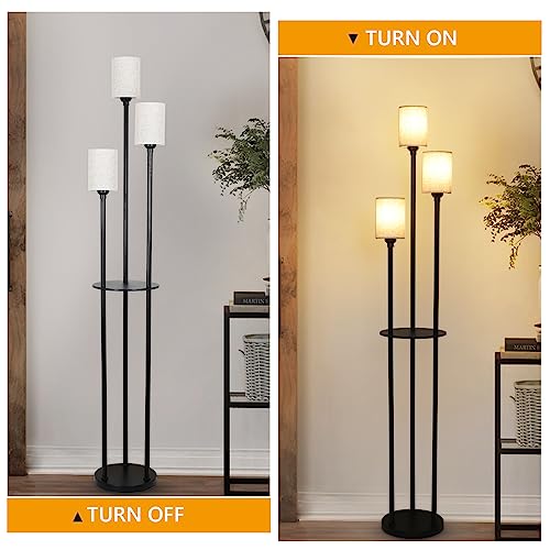 Floor Lamp with Shelves, Modern Floor Lamps for Living Room, 3-Lights Standing Lamp with Linen Shade and Foot Switch, Industrial Standing Lamps for Bedroom, Black Tall Table Lamp for Office - style: Black-Fabric Shade