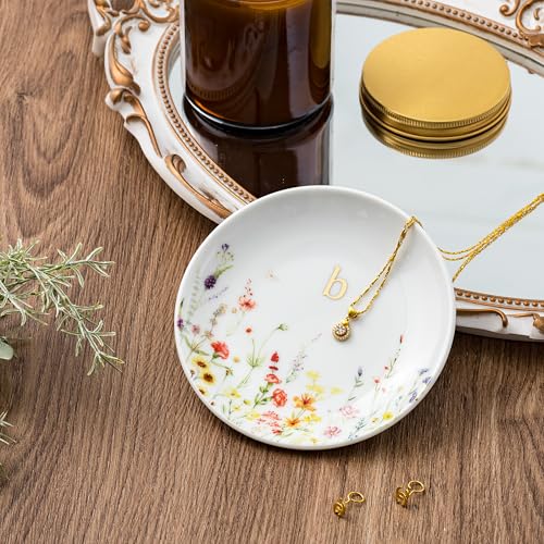 Crisky Initial Jewelry Tray Ring Dish & Gift Box, Ceramic Flower Trinket Dish for Rings Earrings Necklaces Keys, Bridal Shower Engagement Birthday Gift for Women, Friends 4.57" (Gold Foil B - style: Initial B