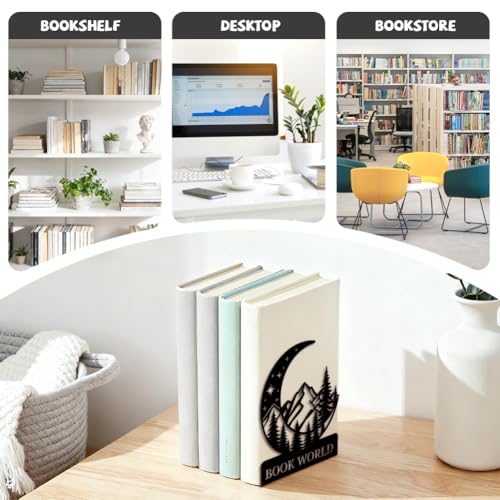 Peacoblue Metal Bookends for Shelves, Modern Decorative Heavy Duty Study Book Ends Stoppers for Office Desk Shelf Room 5.3"x4.3"x6.3" Cast Iron Simple Bookends 1 Pair (Mountain and Forest with Moon) - style: Mountain and Forest with Moon
