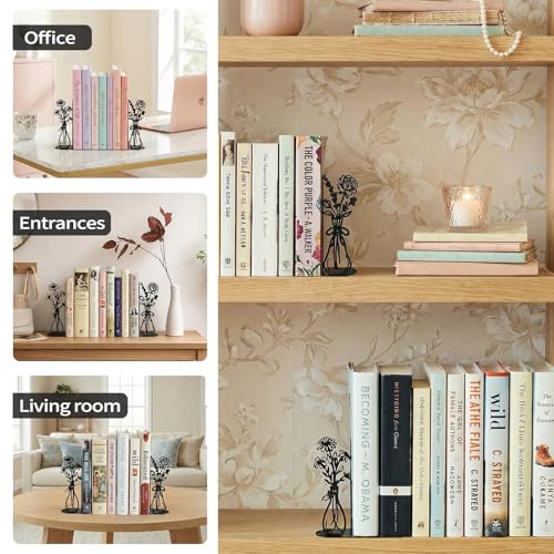 Flower Metal Bookends Decorative Book Ends for Shelves, Cute Book Ends for Home Office Decor Decorative Flower Vase Book Ends for Heavy Books, Book Stopper Ideal Gift for Mother's Day - color: Black Flower