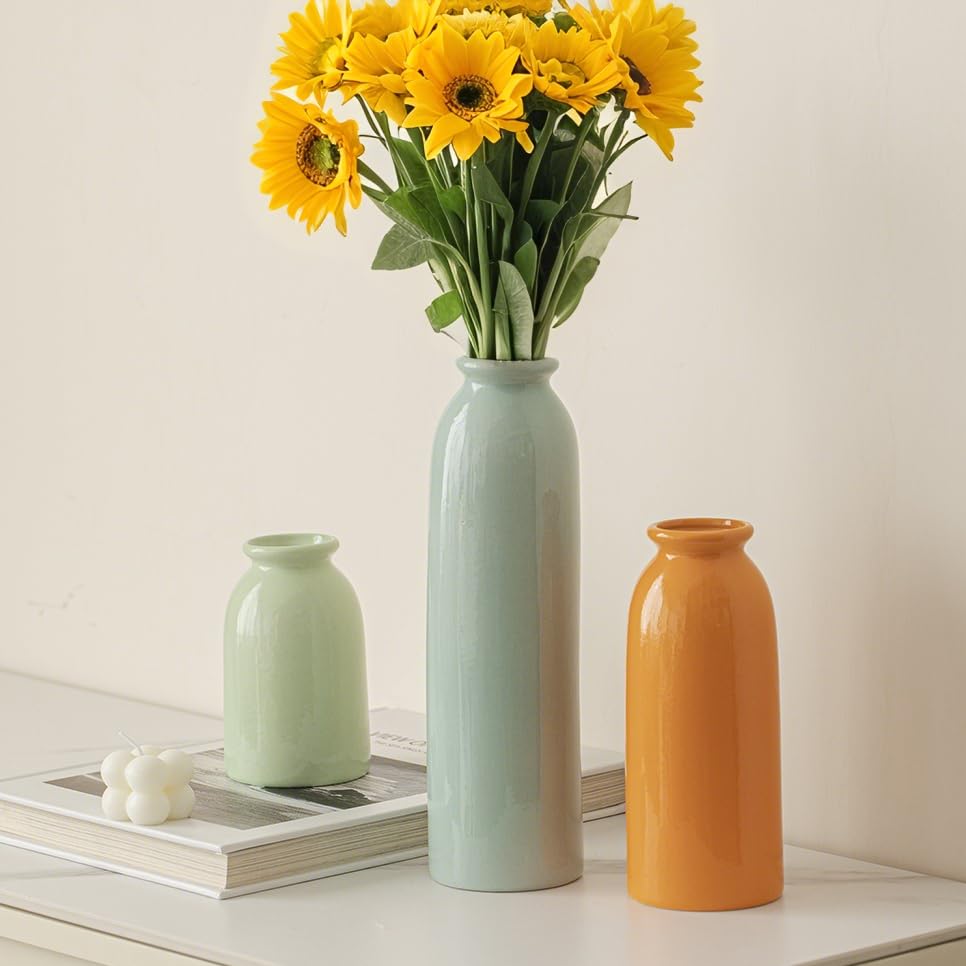10.4 inches Tall Decorative Ceramic Vase Set, 3 Pieces, Nordic Modern Boho Style, White, for Home Decor (Colorful) - color: Colorful