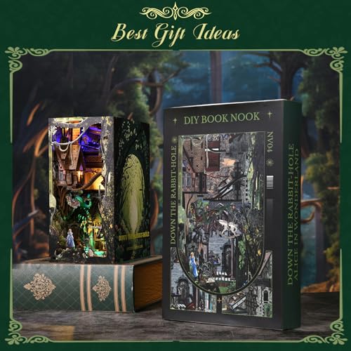MiniCity DIY Book Nook Kit for Adults, 3D Wooden Puzzle Bookend Bookshelf Insert Decor with LED Light and Dust Cover (Down The Rabbit-Hole Alice in Wonderland) - style: Down The Rabbit-Hole Alice in Wonderland
