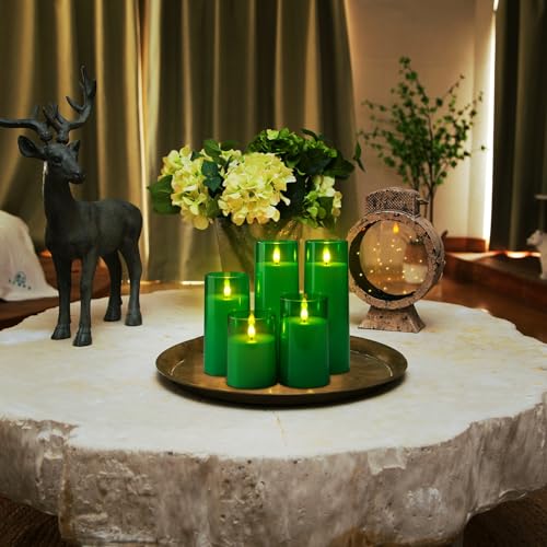 Homemory Green Flickering Flameless Candles, Battery Operated Acrylic LED Pillar Candles with Remote Control and Timer, Set of 5, St. Patrick's Day - color: Green