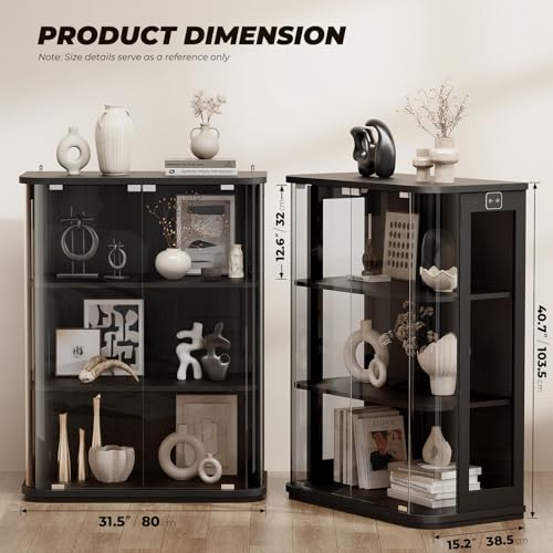 BROTTAR Rounded Display Cabinet with Glass Door, 3-Tier Curio Cabinet with 3 Color Lights for Collectibles, Glass Display Case with Transparent Full-Display Surface, Human Body Sensor, Black - color: Black