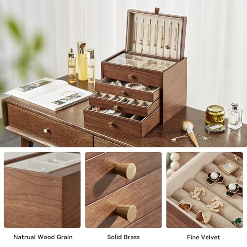 CHOSIN Black Walnut Wooden Jewelry Box for Women, Wood Jewelry Organizer 4 Layer with Glass Lid and Pull-out Necklace Storage Layer, for Watch Necklace Ring Earring Storage Gifts for Mom - style: 4 Layer B