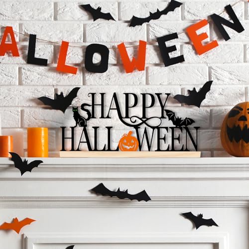 COCHIE Metal Happy Halloween Sign, Black Halloween Decorations for Home, Office, Shelf, Mantel, Indoor, Jack-o-lantern Decoration, Spooky Cat Bat Decor (Halloween) - style: Halloween
