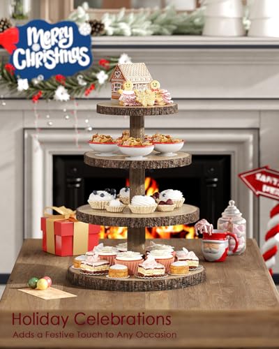 SANYOUNG Wood Cupcake Stand, 4 Tier Wooden Cupcake Tower, Large Rustic Cake Display Holder Stand for Woodland Baby Shower, Wedding, Birthday, Tea Party, Farmhouse Dessert Table Decorations