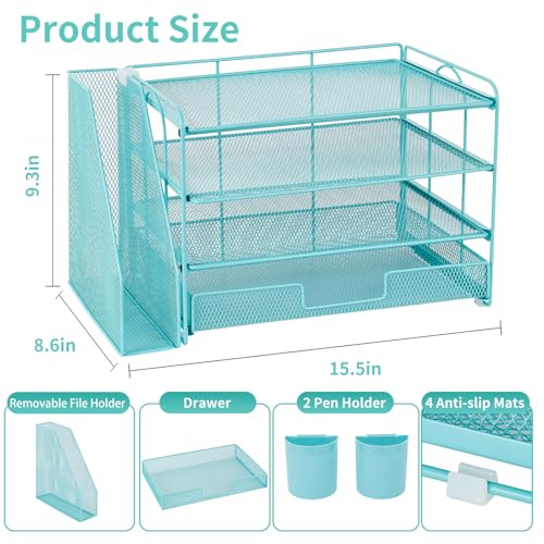 OPNICE Desk Organizer, 4-Tier Desktop File Organizer with Drawer and 2 Pen Holders, Office Desk Accessories, File Sorters, Workspace Organizers for Office Supplies(Teal Blue) - color: Teal Blue, size: 4-Tier