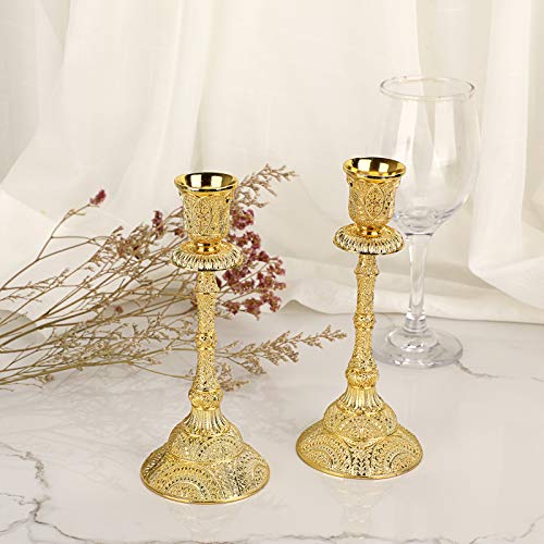 OwnMy Set of 2 Taper Candle Holders Vintage Metal Pillar Candlestick Holders 7.4”, Elegant Brass Candle Stick Holders Decor Candelabra Set for Dining Table Centerpieces Wedding Home Decoration, Gold - color: Golden