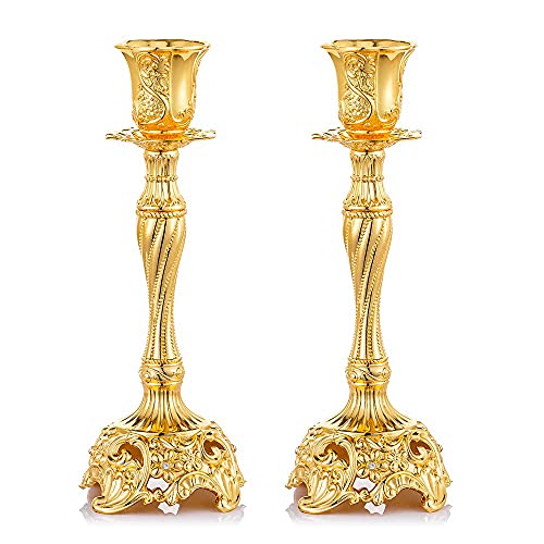 Sziqiqi Gold Candlestick Holders Set of 2 Taper Candle Holders Deluxe Ornate Candle Holders for Shabbat Taper Candles, Candle Centerpiece, Wedding Candles, Christmas Candle 7.4inch - color: Gold