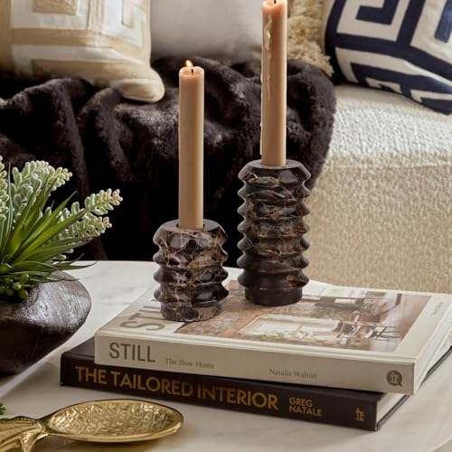 HofferRuffer Marble Candlestick Holders, Set of 2 Natural Stone Candle Holder Decorative Candle Stands for Wedding, Dinning, Party, Table Centerpieces, Fits 3/4'' Thick Candles (MarbleBrown) - color: Marblebrown