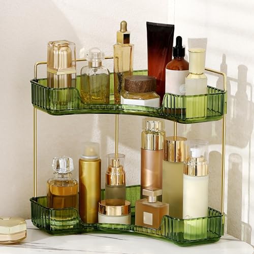 YCIA&DONE Corner Bathroom Counter Organizer, Makeup Organizer for Vanity, Skincare Cosmetic Perfume Tray, Corner Countertop Shelf Rack Storage for Bathroom Kitchen 2 Tiers (Vintage Green) - color: Green, size: 2-Tier