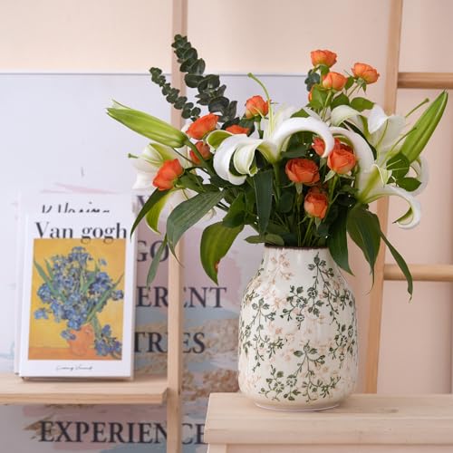 7.8Inch Green and Beige Vintage Vase, Chinoiserie Floral Vase, Rustic Ceramic Large Vases for Home Decors, Living Room, Bookshelf, Office, Grand Millennial Decor, Chinoiserie Decors, Tuscan Decor - color: D13
