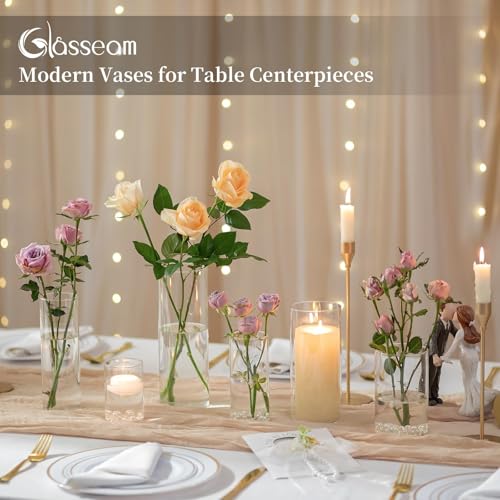 Glasseam Clear Cylinder Vases for Centerpieces, Glass Cylinder Vase Set of 30 for Flowers, Modern Hurricane Candle Holder for Pillar Candles, Floating Candle Vases for Wedding Table Decorations - size: M+L+XL