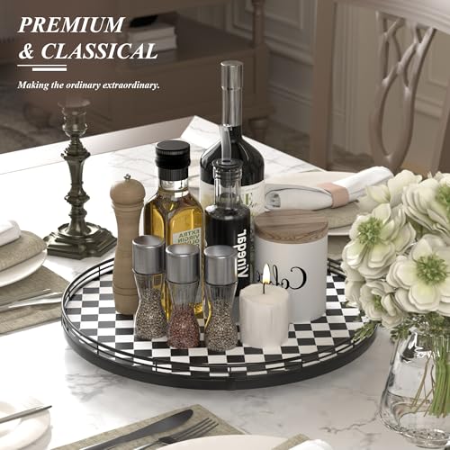 16" Black and White Kitchen Lazy Susan Turntable, Round Checkered Decorative Tray, Large Lazy Susan for Dining Table Centerpiece, Pantry, Kitchen, Bathroom, Countertop, Cupboard, Home Decor - color: Black & White, size: 16 inches