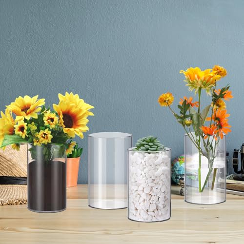Vesici 12 Pcs Plastic Cylinder Vase 6 Inch Acrylic Cylinder Clear Flower Vase Bulk Hurricane Candle Holder Round Wide Container Centerpiece for Home Office Wedding Decorations