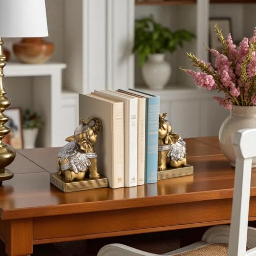 Elephant Book Ends for Shelves, Vintage Decorative Bookends, Book Holders with Anti-Slip Pad for Book Lovers Heavy Book Stopper for Home Office Decor (Gold) - color: Gold