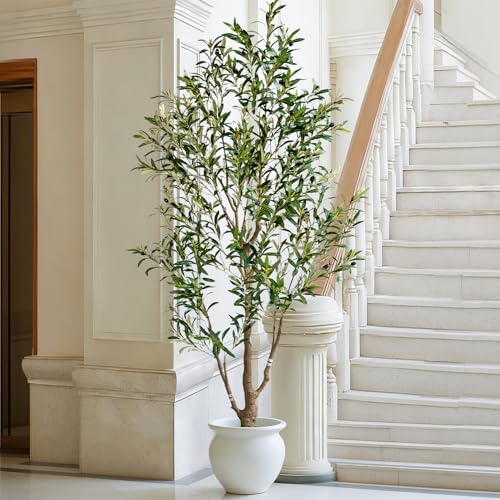 6ft Faux Olive Tree with White Pot & Moss, Artificial Olive Tree Indoor Outdoor, PE/PVC Leaves, Realistic Resin Trunk Large Fake Olive Tree Artificial Plants Indoor, Faux Plants Indoor for Home Decor