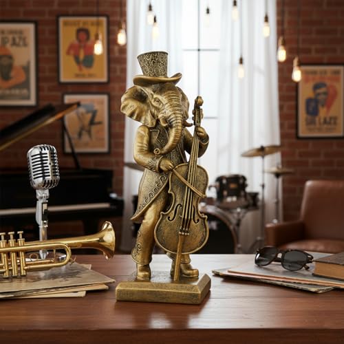 Vintage Animal Statue Sculpture,Gold Resin Music Elephant Figurine with Cello, Retro Office Desk Decor for Home Living Room, Creative Gift for Animal Lovers - color: Music Elephant