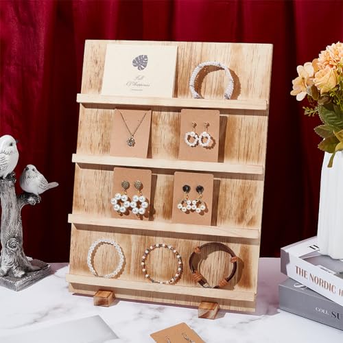 PH PandaHall 4 Tier Wooden Jewelry Display Stand, Earring Display Stands Rack Removable Showcase Rack, Retail Jewelry Display Card Holder for Selling Craft Jewelry Showing - color: BurlyWood-4 Tier
