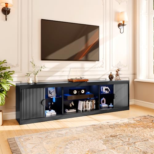 LGHM 70'' Black TV Stand with Lighting, Stylish Modern Entertainment Center with Slip Doors for TVs Up to 80”, Media Console for Living Room - size: 22''H TV Stand