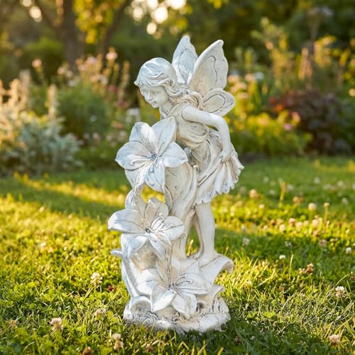 Angel Garden Statue Outdoor, Solar Powered Resin Garden Sculptures Fairy Angel Statues Waterproof LED Lights Yard Art Decorations for Outside Patio Lawn Ornament Gardening Gifts - style: Flower