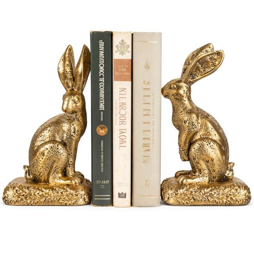 Rabbit Bookends, Decorative Bunny Book Ends for Shelves, Unique Rabbit Figurine Bookends, Heavy Resin Book Holder for Bookshelf Home Office Nursery Decor (Gold) - color: Gold