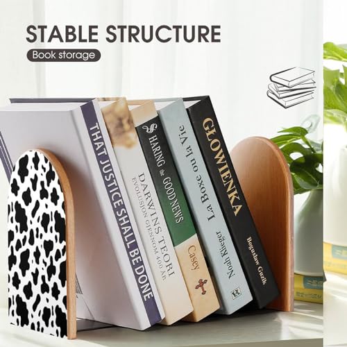 Wooden Bookends 2 Pcs,Black and White Cow Print Heavy Duty Office Book Ends Anti Slip Book Shelf Holder with Metal Base Decorative Book Stands - color: Black and White Cow Print