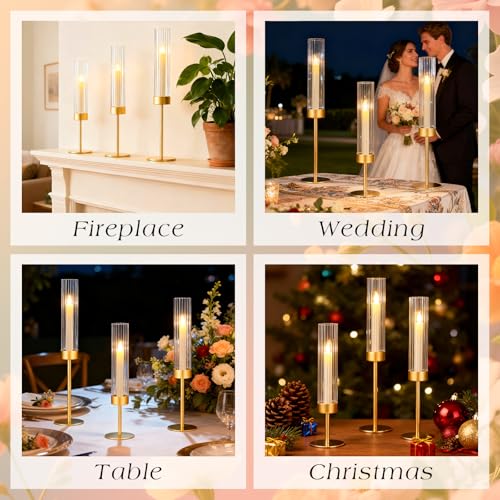 Ninonly Hurricane Candle Holders Set of 3, Tall Brass Candlestick Holders Metal Glass Candle Stands for Wedding Christmas Party Home Table Centerpiece Decorations