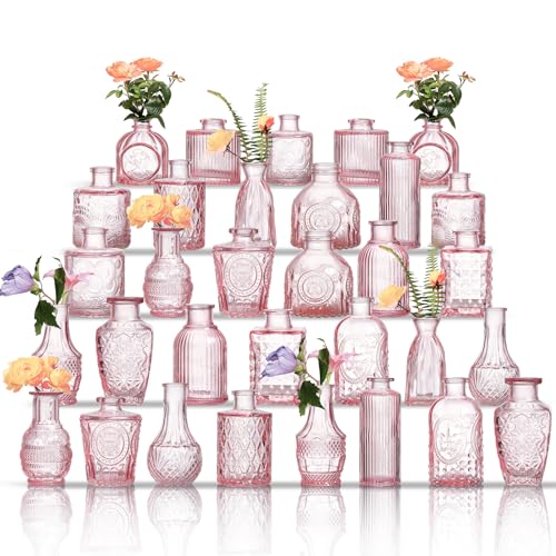 Glass Bud Vases Set of 32 - Pink Assorted Small Mini Glass Vases for Flowers, Crystal Vintage Vase Set, Bulk Centerpieces for Table Décor, Wedding, Home and Events (Pink, 32 Pcs) - color: Pink, size: 32 Pcs