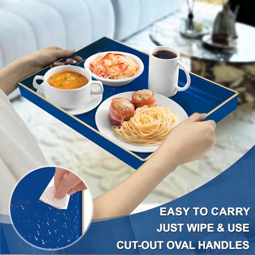 MAONAME Navy Blue Serving Tray with Handles, Modern Decorative Trays for Coffee Table, Plastic Rectangular Trays for Ottoman, Bathroom, Decor, 15.8” x 10.2” x 1.4" - color: Navy Blue, size: 15.8" x 10.2" x 1.4"