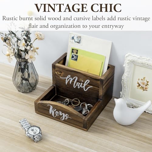 MyGift Rustic Burnt Solid Wood Mail Holder and Key Organizer, Entryway Storage Tray or Office Desktop Organizing Bin with White Cursive Lettering Labels - color: Burnt Wood