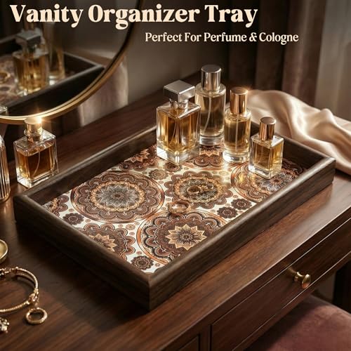 Zosenley Wooden Valet Tray with Leather Base - Nightstand Catchall Organizer for Cologne, Perfume, Keys, Wallet, Phone, Watch, Jewelry & Sunglasses (Bohemian) - color: Bohemian