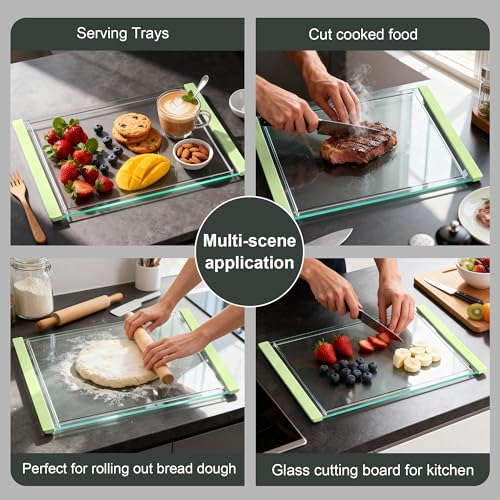 Tempered Glass Cutting Board Set for Kitchen Counter - Dishwasher Safe with Juice Grooves, Non-Slip Silicone Edges & Beveled Grip - 16"x12" & 12"x8" Serving Tray (Green) - color: Green