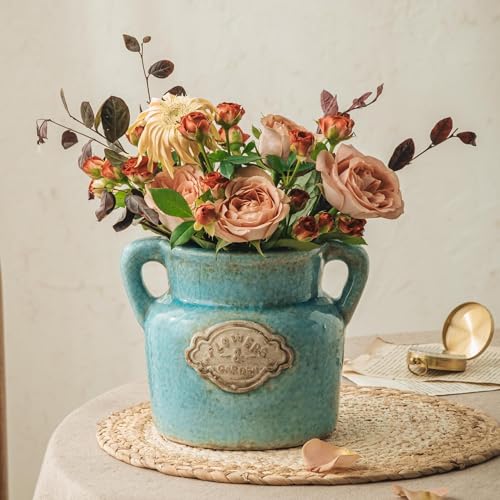 Blue Rustic Ceramic Vase, 5.8 Inch Distressed Wide Mouth Vase with Ice Cracked Glazed, Farmhouse Vintage Flower Vases for Home Office Decor Living Room Bedroom Table Centerpiece Decorations - color: Blue