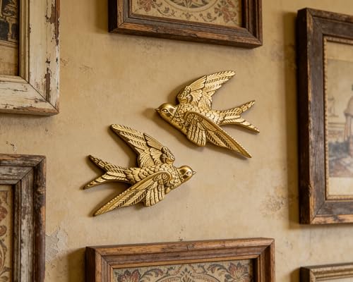 AMOIENSIS Bird Wall Sculpture Art, (Set of 2) 4¾ inch Resin Gold Bird 3D Sculpted Floating Hanging Wall Sculpture Decoration - color: Gold