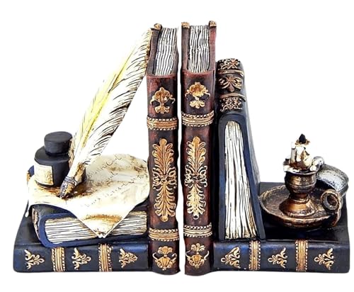 Bellaa 26324 Vintage Bookends Set of 2 - Wizard Feather Quill Pen & Ink Bottle with Oil Lamp Design - Magical - Antique Bronze Decorative Book Ends for Shelves, Office, Library - Farmhouse Home Decor