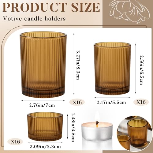 Mumufy 48 Pcs Assorted Votive Candle Holders Ribbed Glass Tealight Candle Holder Bulk for Table Centerpiece, Baby Shower, Home and Wedding Party Decoration (Amber) - color: Amber